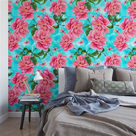 Pink Rose Floral Removable Wallpaper Tropical Wallpaper Etsy