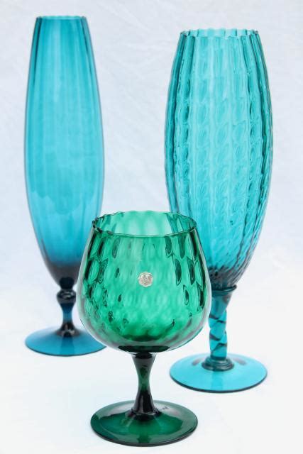 Mid Century Modern Vintage Italian Art Glass Vases In Aqua Marine Teal Ocean Blues