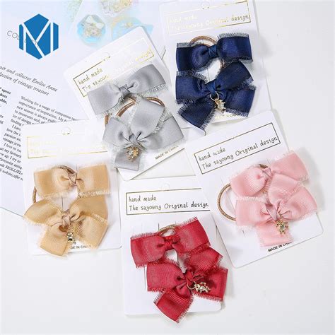m mism 1set solid bow barrettes elastic bands cute girls women bowtie full cover hairpins rubber