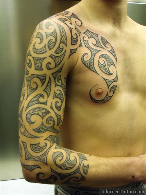 Maori Style Sleeve And Chest Tattoo Front View Adorned