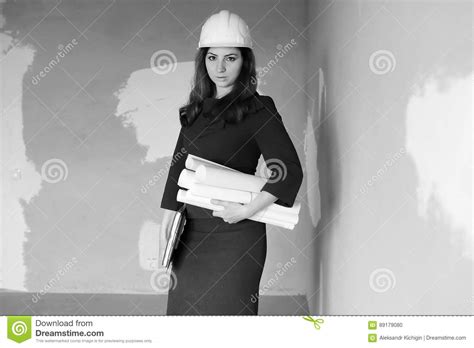 Black And White Photo Of A Woman Architect At The Construction S Stock