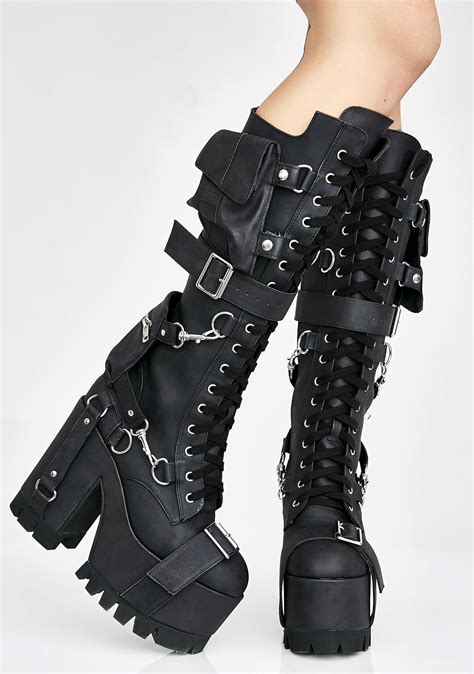 club exx black knee high platform buckled boots goth boots knee high combat boots gothic shoes