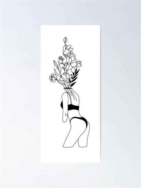 P Ster Line Art Print Desnudez Femenina Mujer Con Flor Mujer Line