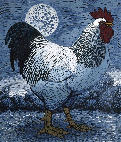 Rooster And Moon Ii By Barry Wilson Woodcut Print Born 1929 Stock