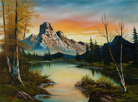 Sunset Mountain Lake Original Painting Painting Art Collectibles