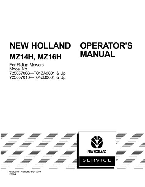 New Holland Mz14h Mz16h Riding Mower Operators Manual 87040099