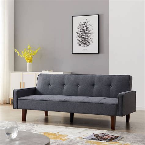 Modern Futon Sofa Bed Linen Fabric Sleeper Sofa Convertible Reclining