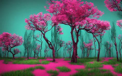 Teal Whimsical Landscape Full Of Pink Trees 3 D Stable Diffusion