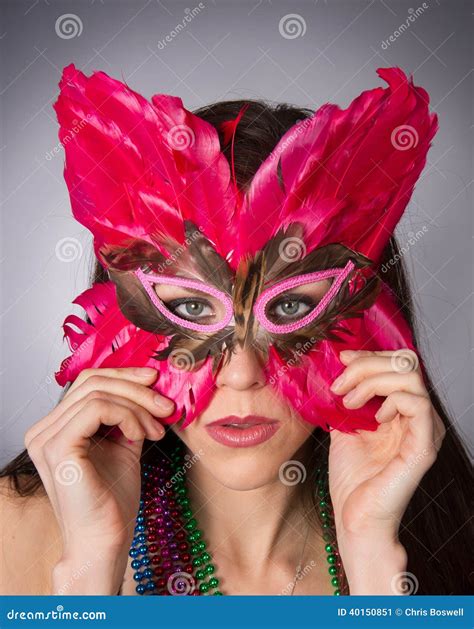 Attractive Brunette Woman Gypsy Costume Feathered Face Mask Stock Image