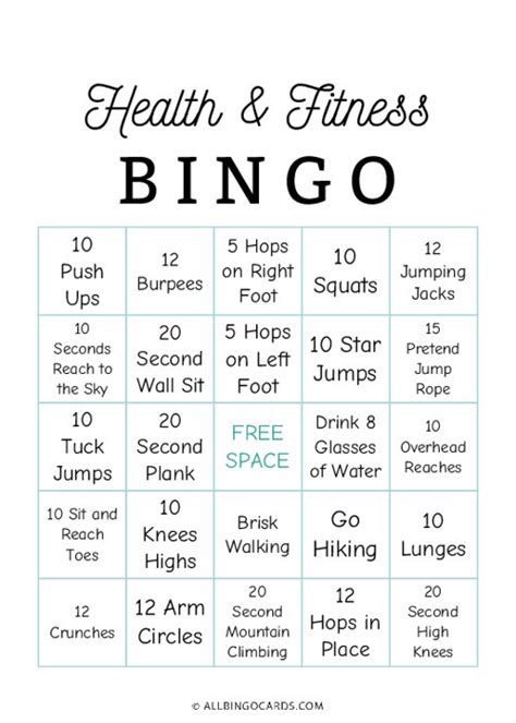 Printable Health And Fitness Bingo Cards