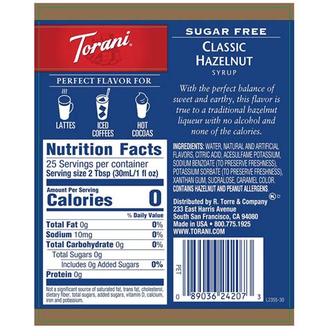 Torani Sugar Free Classic Hazelnut Syrup 750 ML 89036242073 EBay