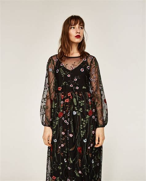 Image 4 Of Long Floral Embroidered Dress From Zara Sheer Floral Dress