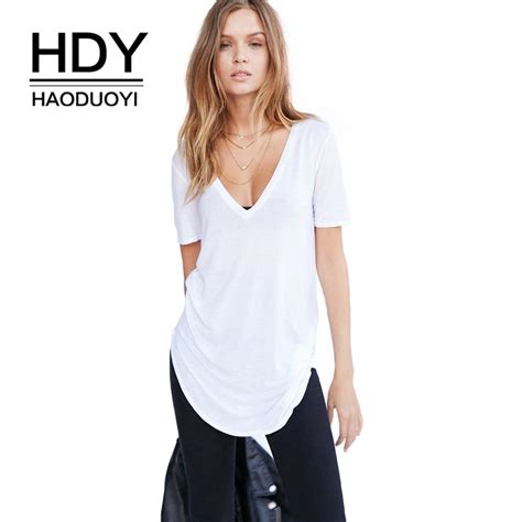 hdy haoduoyi 2019 simple casual lazy wind solid color wild v neck sexy loose thin long t shirt