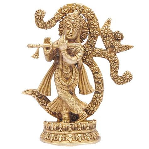 Lord Krishna Statue Playing Flute With Symbol Of Om Made Of Brass Buy