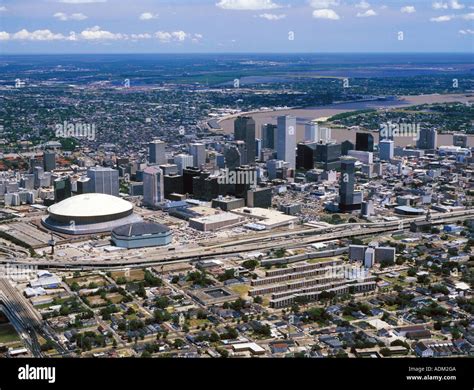 Aerial Above New Orleans Louisiana Skyline With Superdome Stock Photo