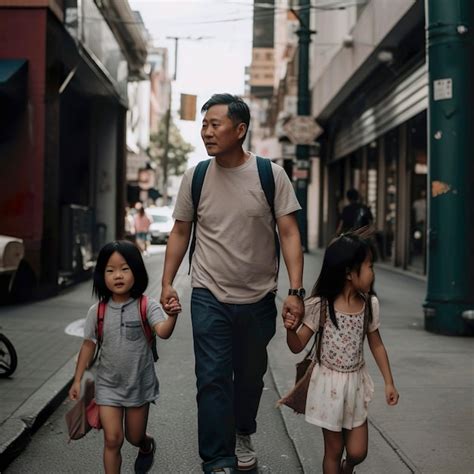 Foto Callejera De Un Hombre Asiático Caminando Con Sus Dos Adorables