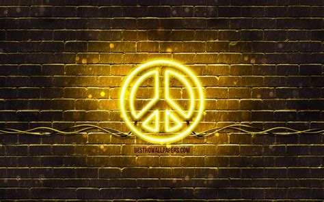Download Wallpapers Peace Yellow Sign 4k Yellow Brickwall Peace