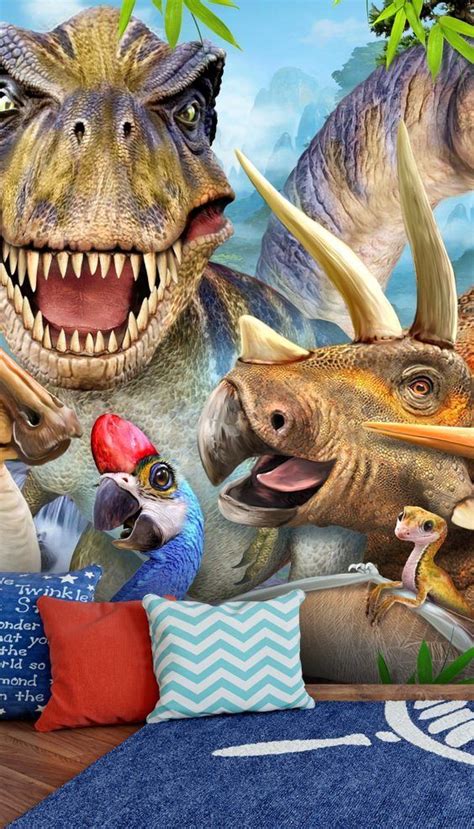 The seamless wallpaper texture is a pattern of a wide strip of fabric or paper with a specific pattern. Dino Selfie | Dinosaur wallpaper, Mural, Kids room wallpaper
