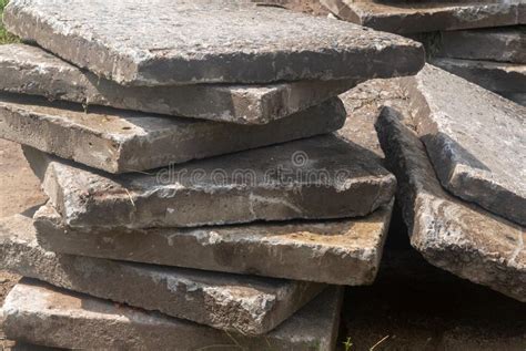 Close Up Concrete Slabs For Sidewalk Sweeping Outdoors Stock Photo