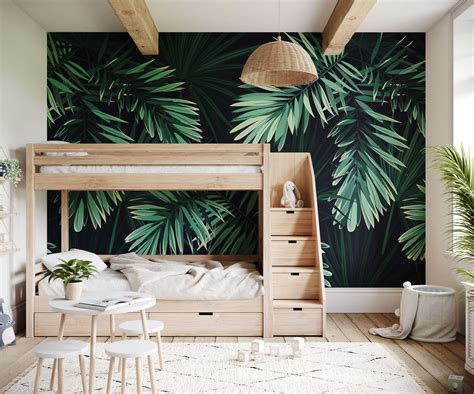 Illustrated Dark Tropical Wallpaper Palm Leaf Mural Bobbi Beck