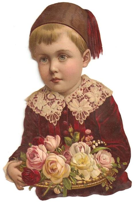 Victorian Chromo Flower Rose Boy Velvet Jacket Millinery Hat Scrap