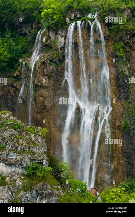 High Big Waterfall Veliki Slap Plitvice National Park In Croatia