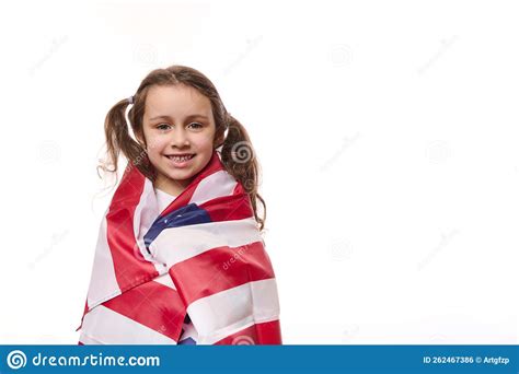 Lovely Preschooler Girl Wrapping In American Usa Flag Celebrating