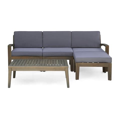 Wilcox Outdoor 5 Piece Acacia Wood Sectional Sofa Set With Cushions