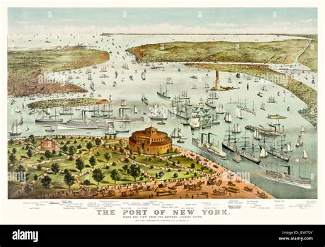 Old Bird Eye View Of The Port Of New York From The Battery Publ