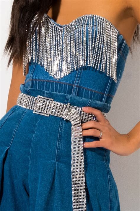 Akira Label Rhinestone Fringe Cropped Denim Bustier In Blue In 2020 Denim Crop Top Clothes