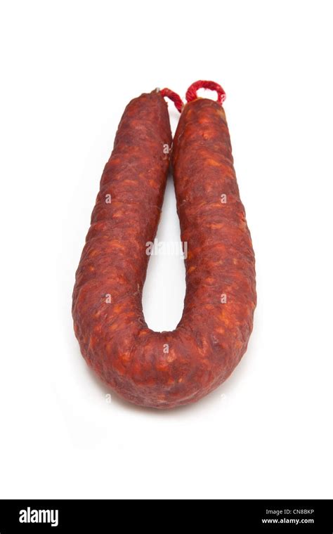 Spanish Chorizo Sausage Isolated On A White Studio Background Stock