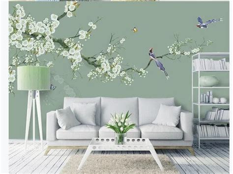 Chinoiserie Hand Painted Hanging Cherry Blossom Tree Wallpaper Flying