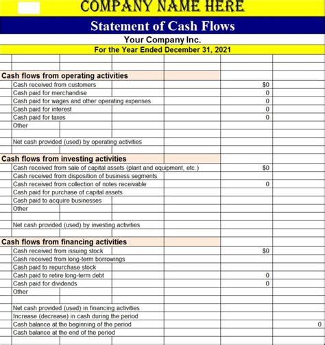 Cash Flow Statement Template Free Report Templates