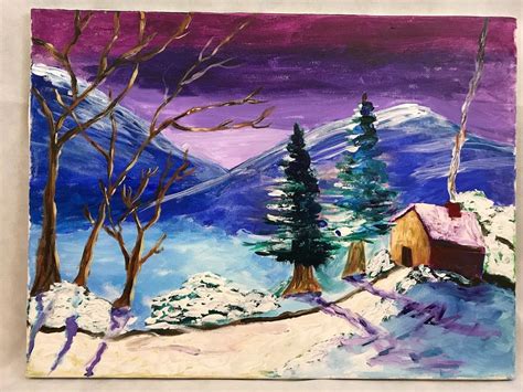 Original Oil Painting Cabin In The Snow Landscape Ebay Oil Painting