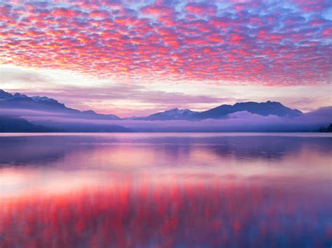 Mountains Pink Clouds Reflections Lake Wallpaper Hd Image Picture