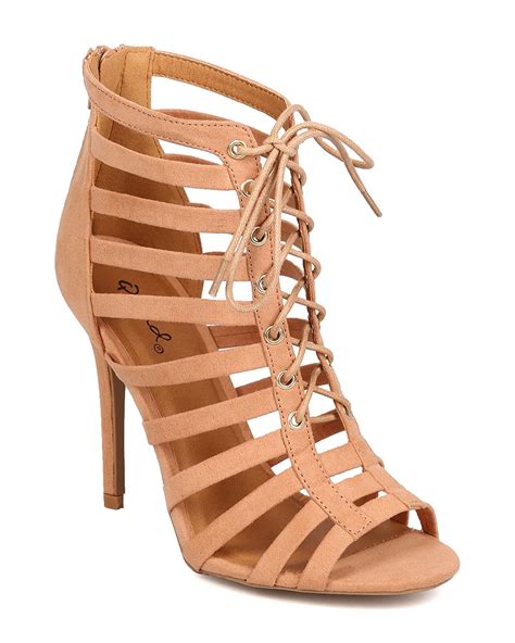 New Women Qupid Ara 168 Faux Suede Peep Toe Lace Up Strappy Cage