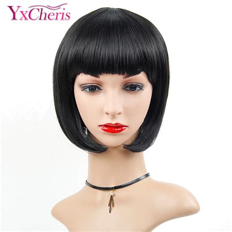 Synthetic Wigs With Bangs Natural Black Bob Wigs For Black Women Heat