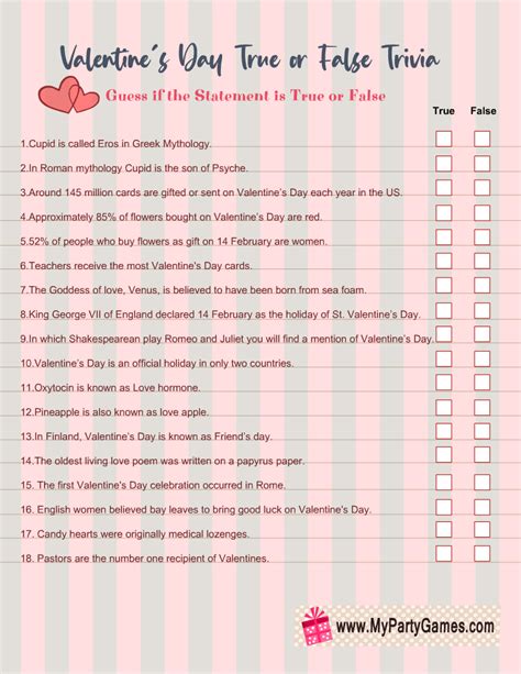 Free Printable Valentines Day True Or False Trivia Quiz Valentines