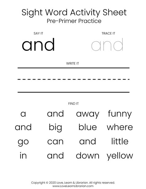 Free Sight Word Activity Sheets Love Learn And Librarian