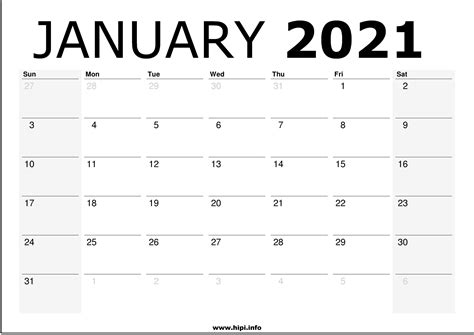 January 2021 Calendar Printable Monthly Calendar Free Download Hipi