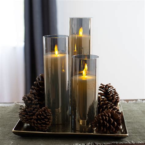 Tall Moving Flameless Led Smokey Glass Pillar Candles With Remote Set