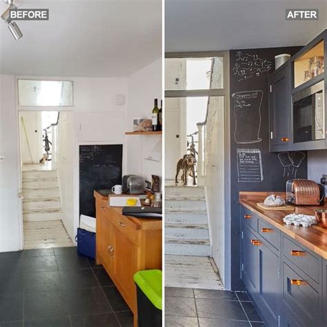 Before And After Photos Of A Kitchen Remodel With Chalkboard On The Wall
