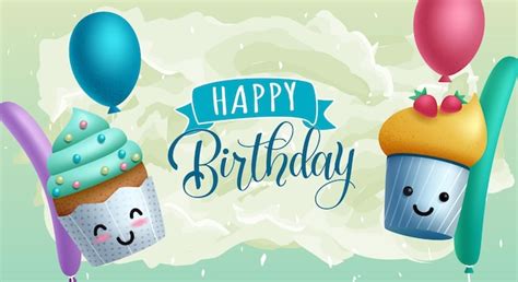 Verjaardag Groet Vector Ontwerp Gelukkige Verjaardag Tekst Met Cup Cake Stripfiguren En