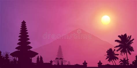 Violet Foggy Sunset With Balinese Temple Palm Trees And Mountain Agung