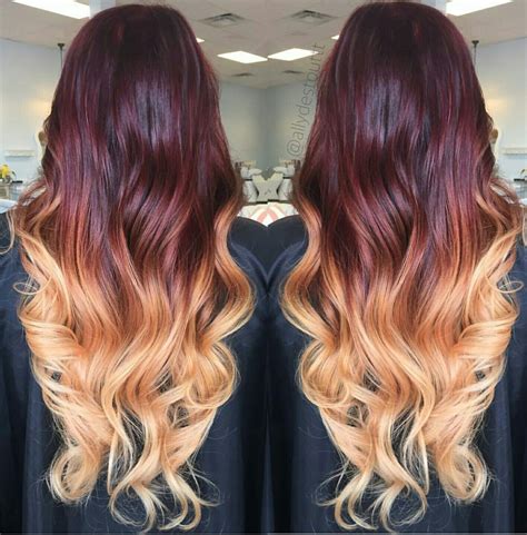 Choosing a vibrant hair color for dark hair can be difficult. Mahogany to blonde ombre | Burgundy hair, Hair shades ...