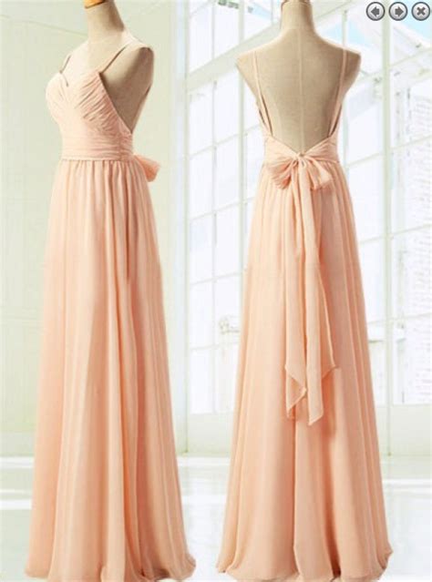 A Line Spaghetti Straps Backless Long Peach Chiffon Prombridesmaid