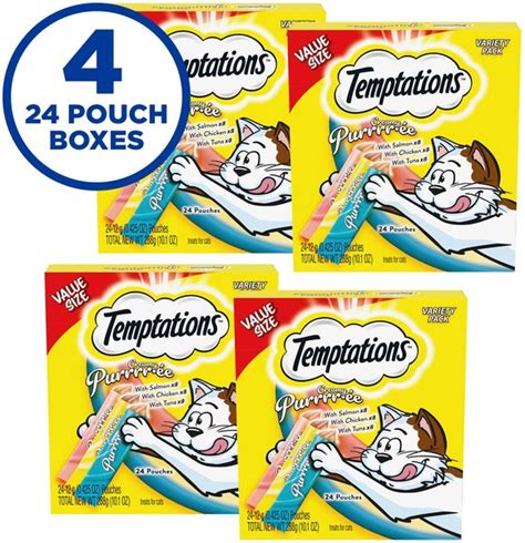 Temptations Creamy Puree Salmon Chicken And Tuna Variety Pack Lickable Cat Treats 042 Oz Pouch