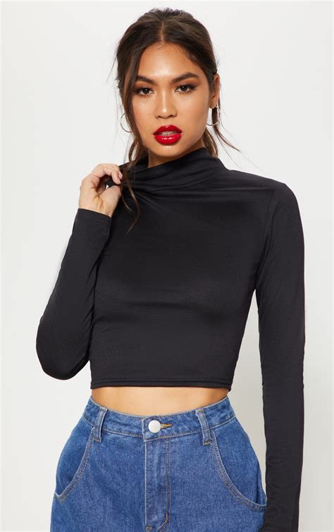 Black Long Sleeve High Neck Crop Top Tops Prettylittlething