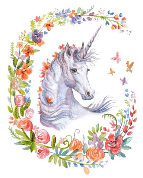Watercolor Unicorn In Flowers 1 Stock Illustration Illustration Of