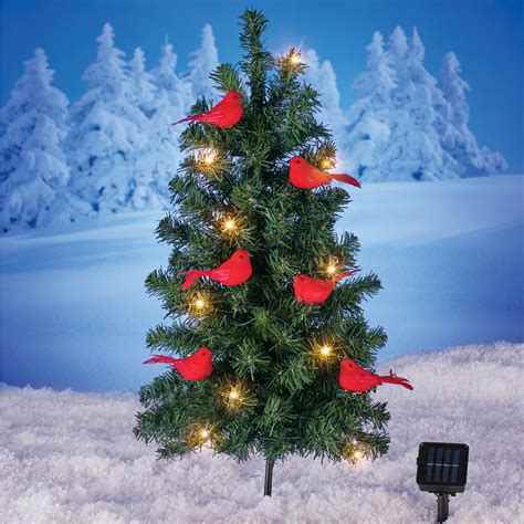 Solar Christmas Tree With Cardinals Yard Stake Outdoor Holiday